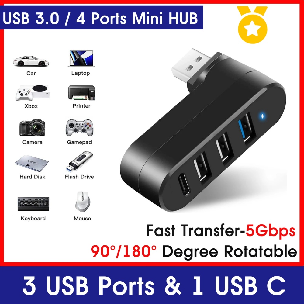 Laptop Accessories For Programmers - มินิสปลิตเตอร์ 4 พอร์ตยูเอสบีฮับ 3.0 กล่องหมุนได้ USB